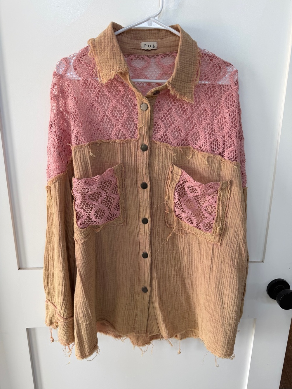 Gorgeous POL L Crochet Cotton Pink and Tan Top Distressed Oversized